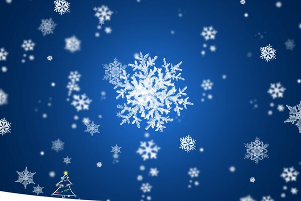 Snowflakes on a blue background and a Christmas tree