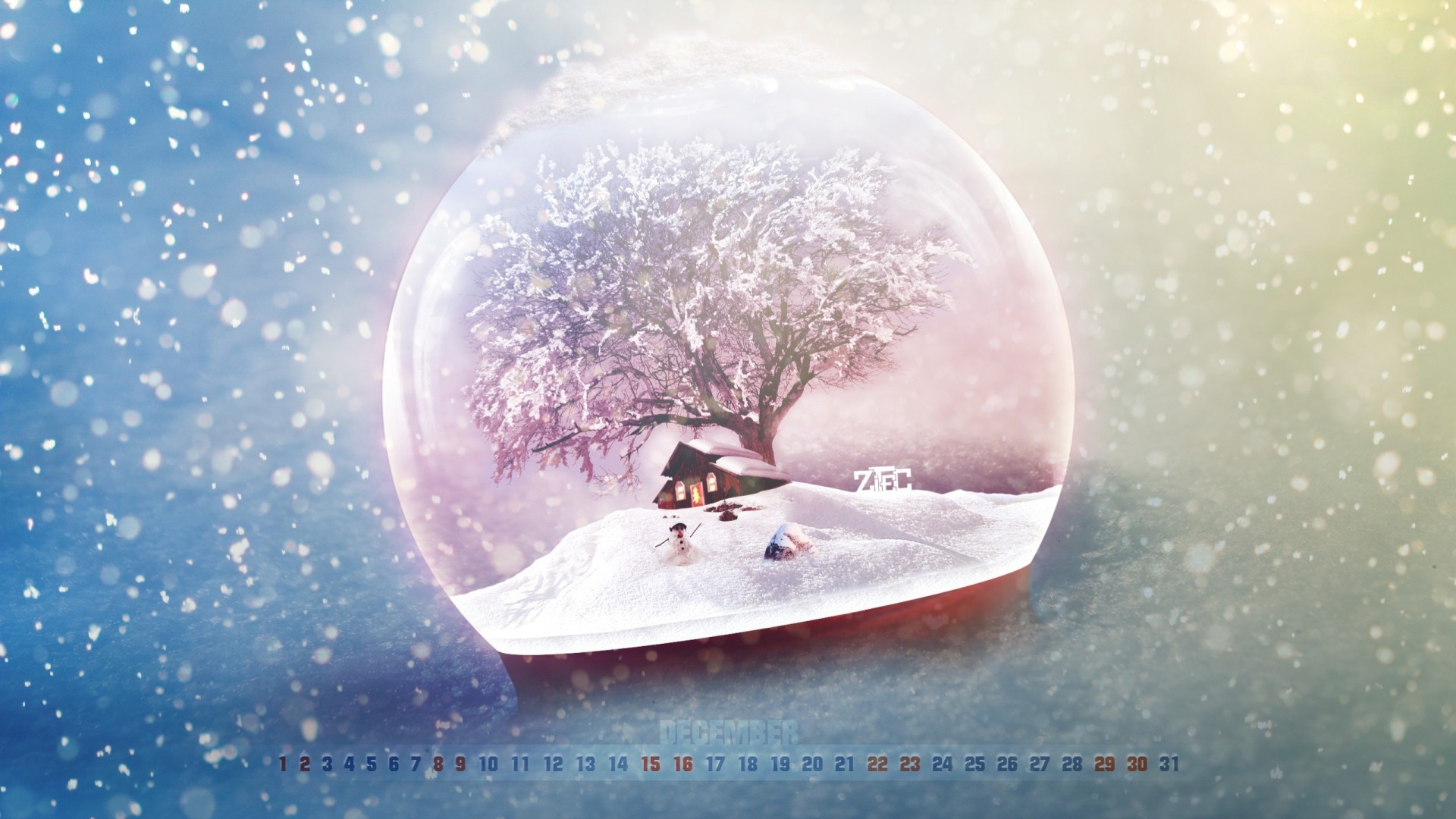 calendar tree glass bowl snowman december house snow