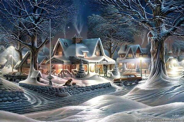 Piękny zimowy obraz na Boże Narodzenie z domem i światłami