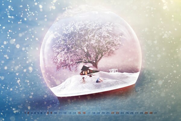 Calendario bola de nieve con árbol