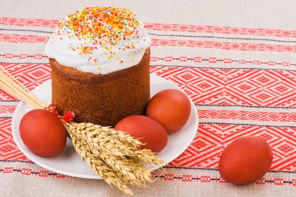 Easter cake on a plate with colored eggs