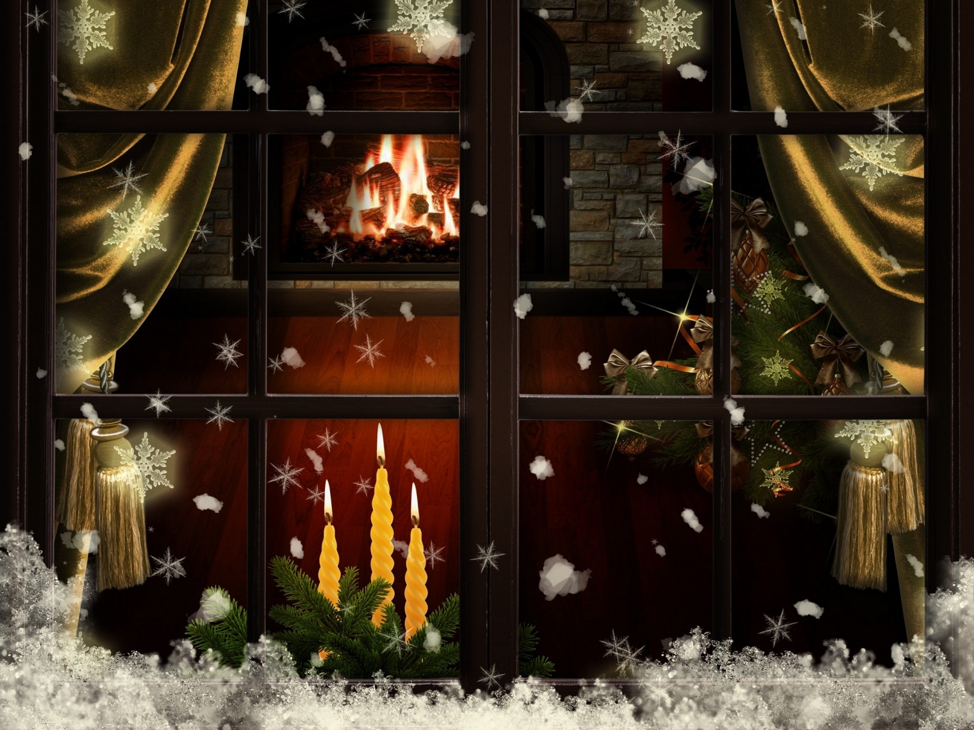 nowflakes christmas tree curtains christmas new year decoration window fireplace snow candle