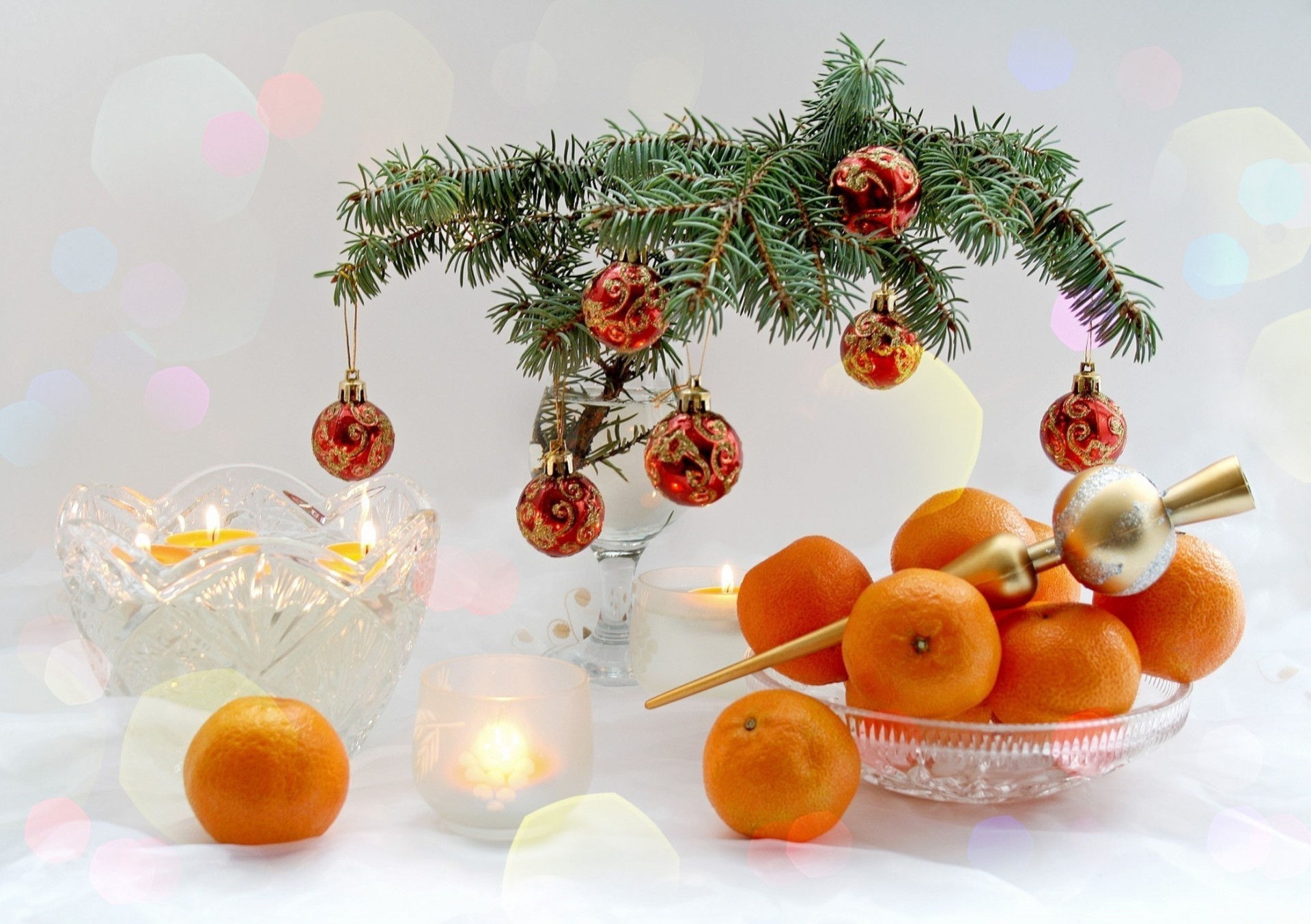 arbre de noël nouvel an fruits vacances mandarines vaisselle branches seau table brochettes