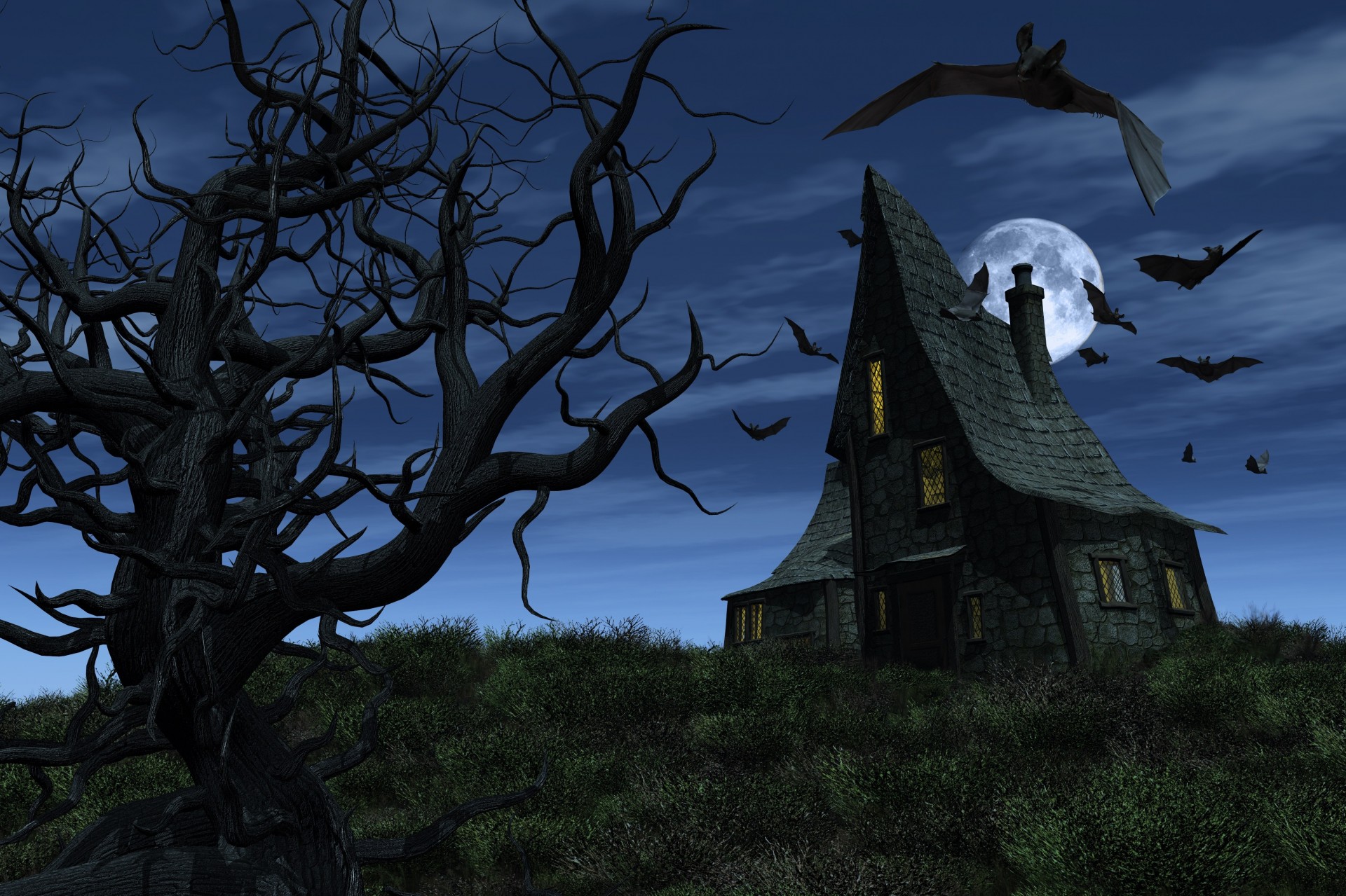 halloween full moon bats scared attractions spooky tree