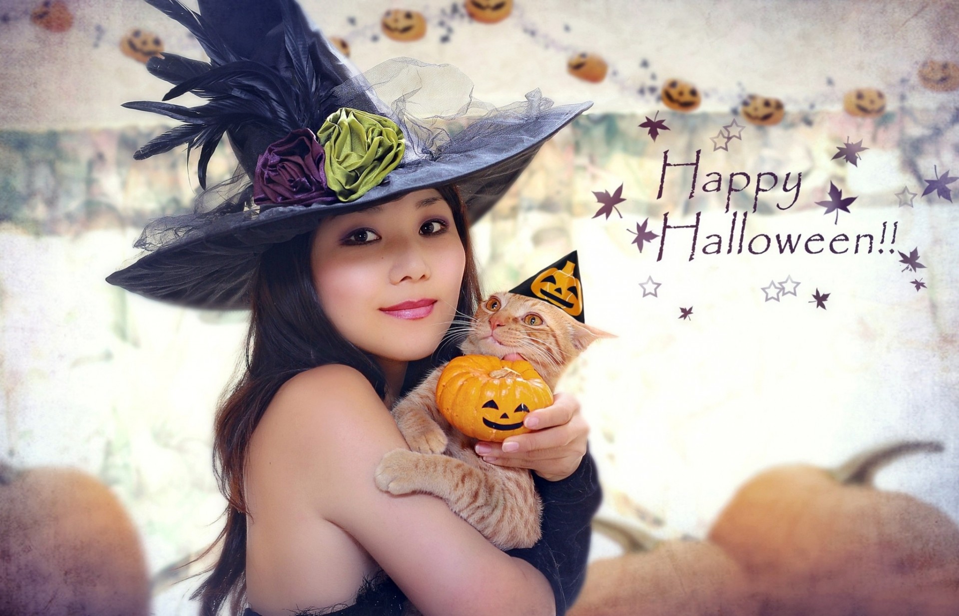 citrouille fille halloween costume chat chapeau asiatique