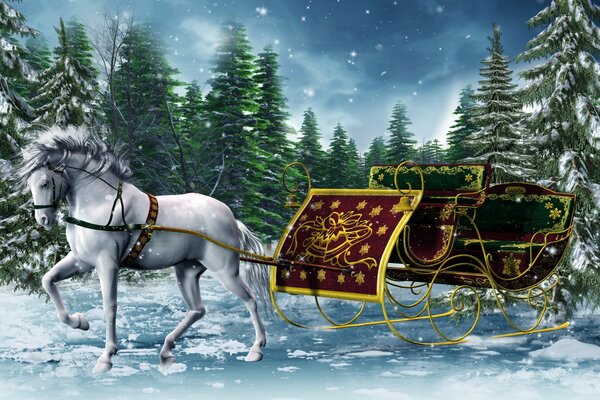 Sleigh with a horse on a winter evening