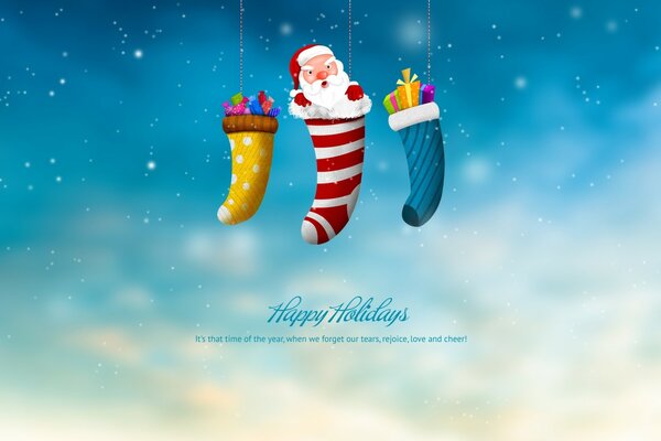 Santa Claus and gifts in socks on a blue background