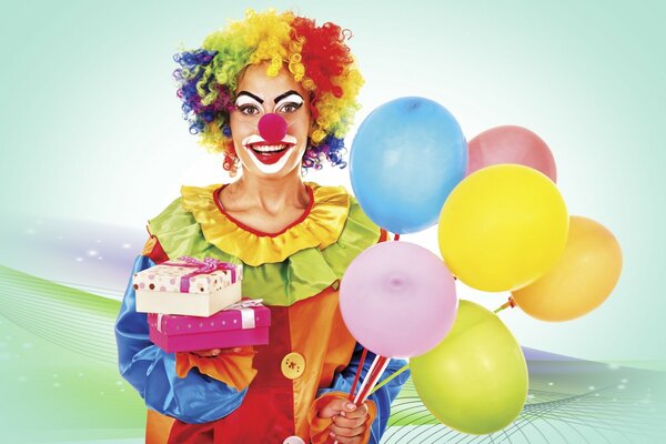 A girl in a clown costume with balloons