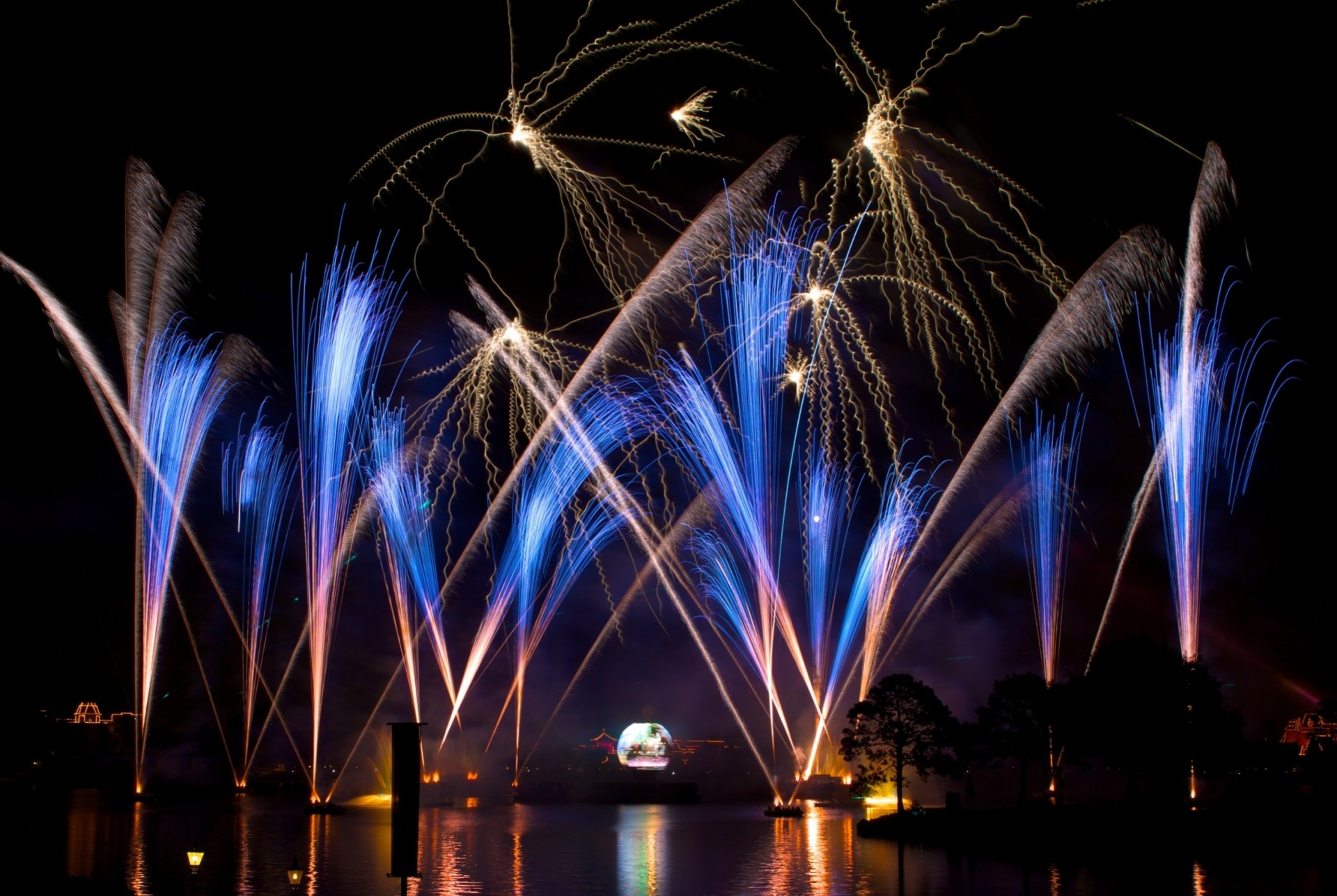 noche fuegos artificiales disney reino mágico árbol de navidad decoración