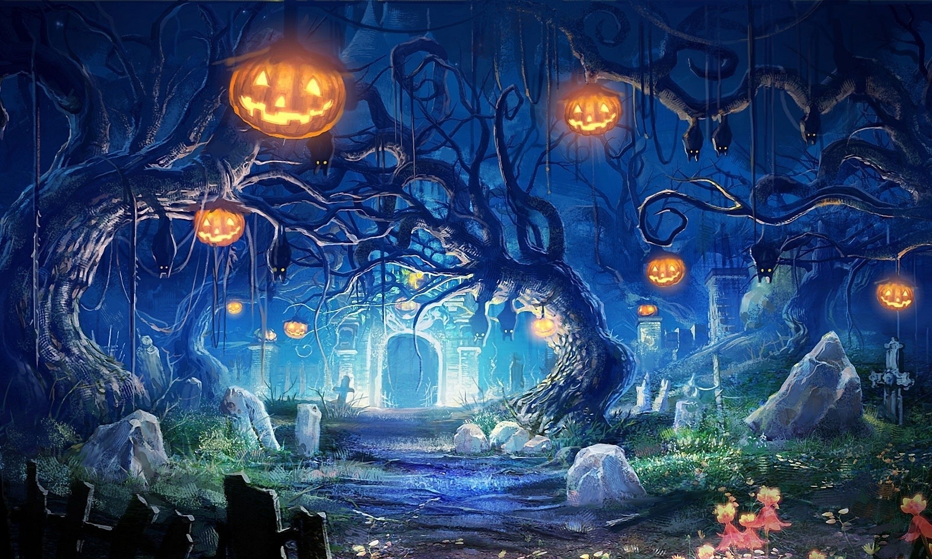 lights cemetery helloween grave night stones pumpkin bats crypt