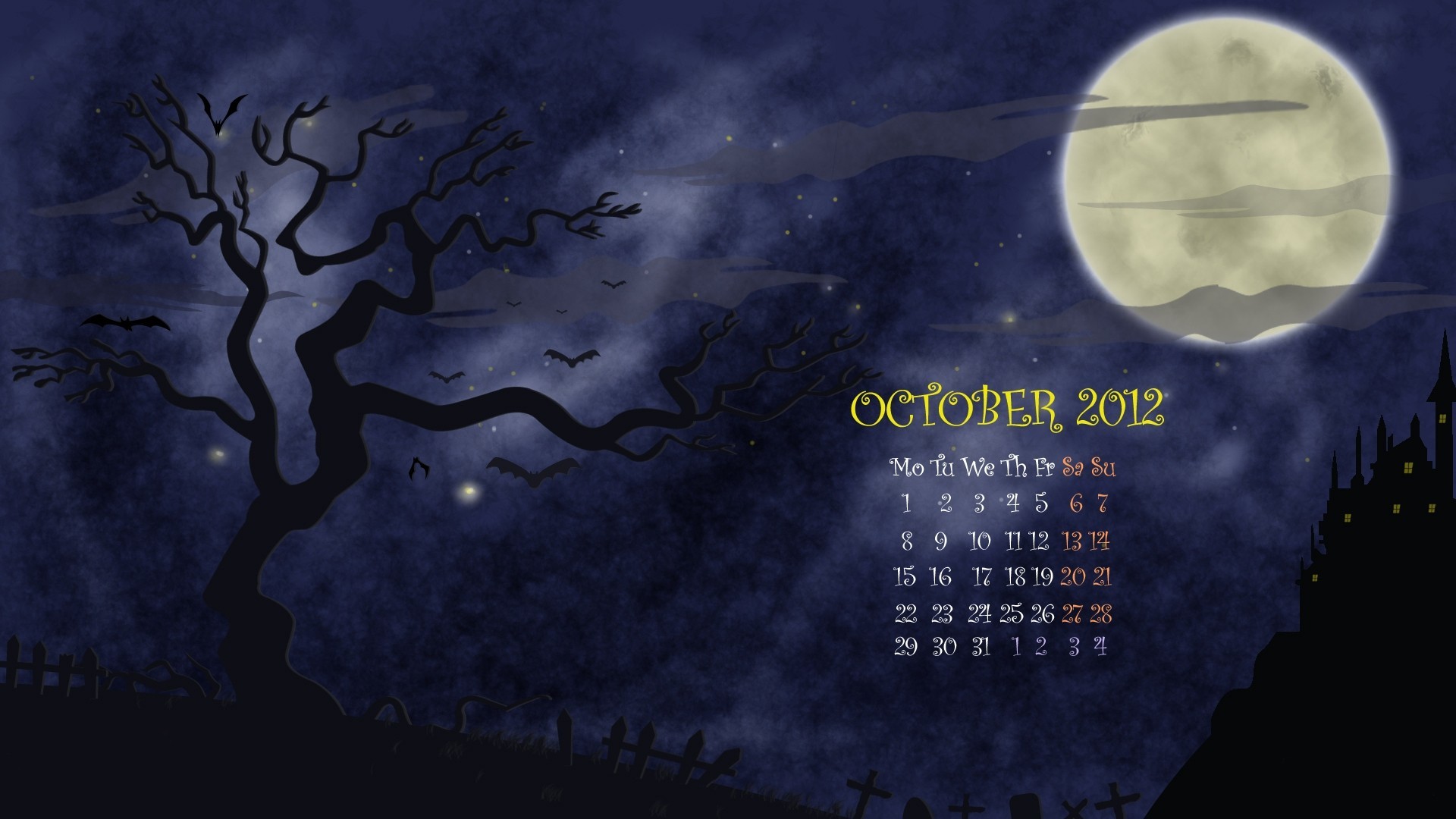 friedhof monat halloween kalender baum reihe zeichnung mond nacht vektor oktober