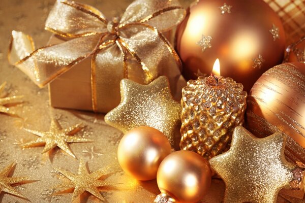 Gold holiday decorations for New Year and Christmas