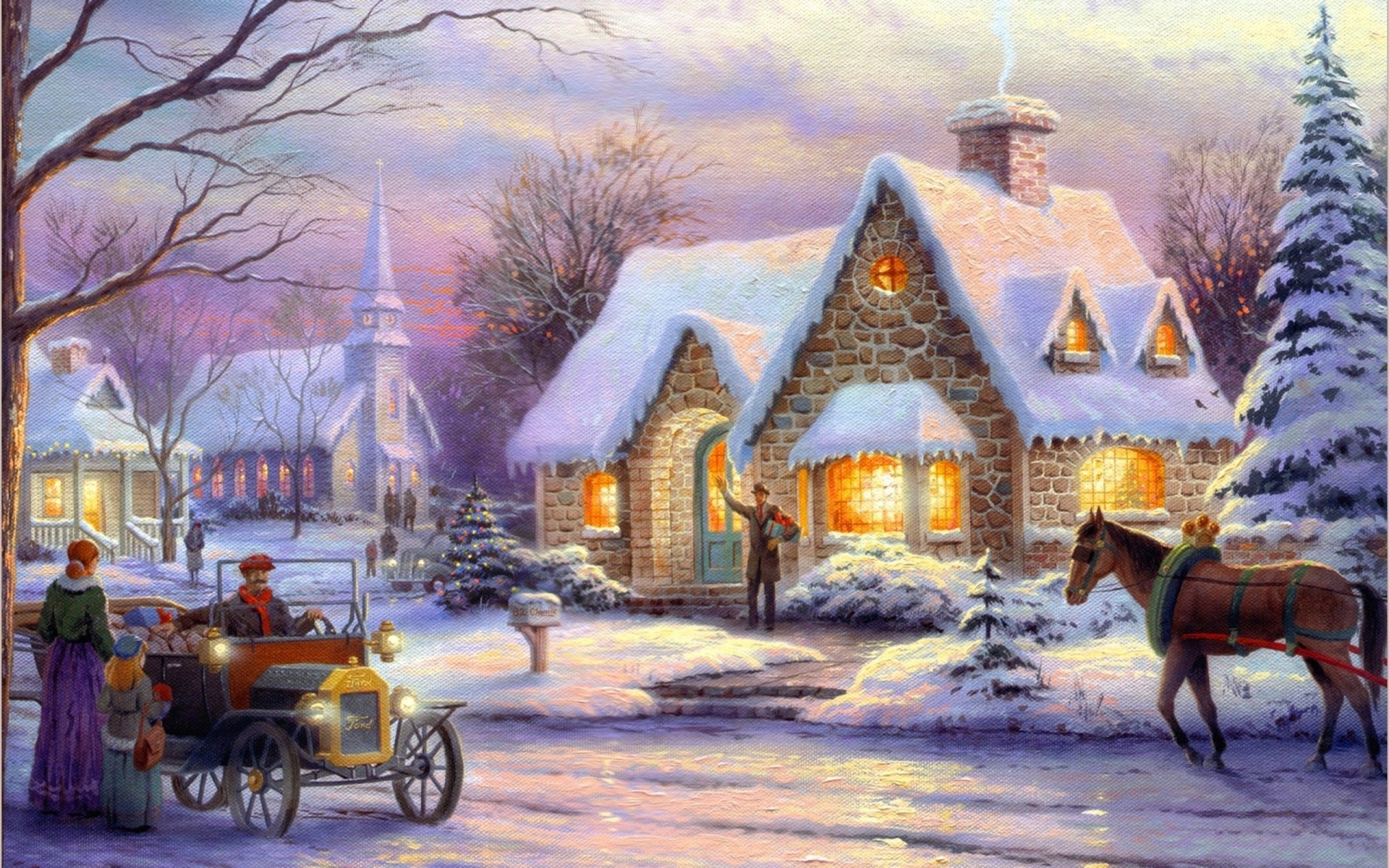 horse snow christmas art thomas kinkade winter pattern new year