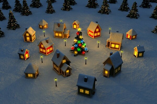 Pequeñas casas alrededor del árbol de Navidad para el año nuevo