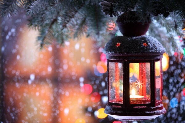 A bright lantern on a branch under a snowfall