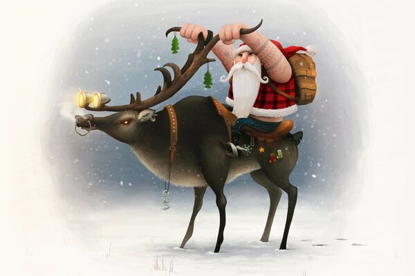 Santa Claus in tattoos riding a deer
