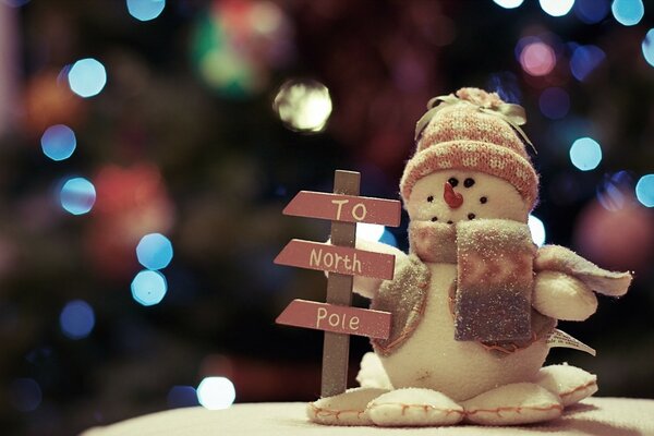 A toy snowman on the background of twinkling lights