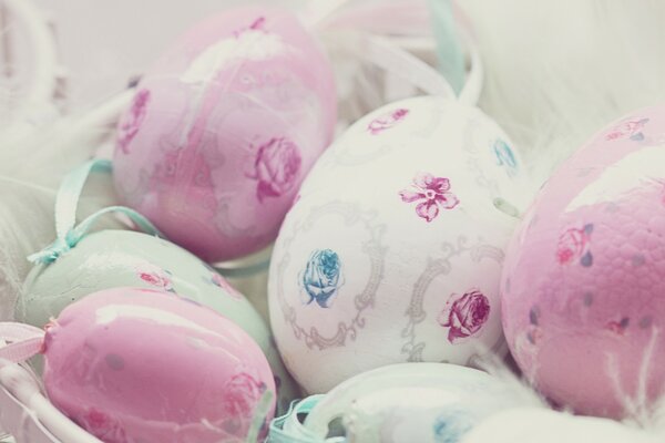 Easter eggs in white, blue and pink