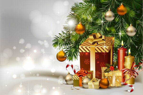 Árbol de Navidad decorado con regalos y arami