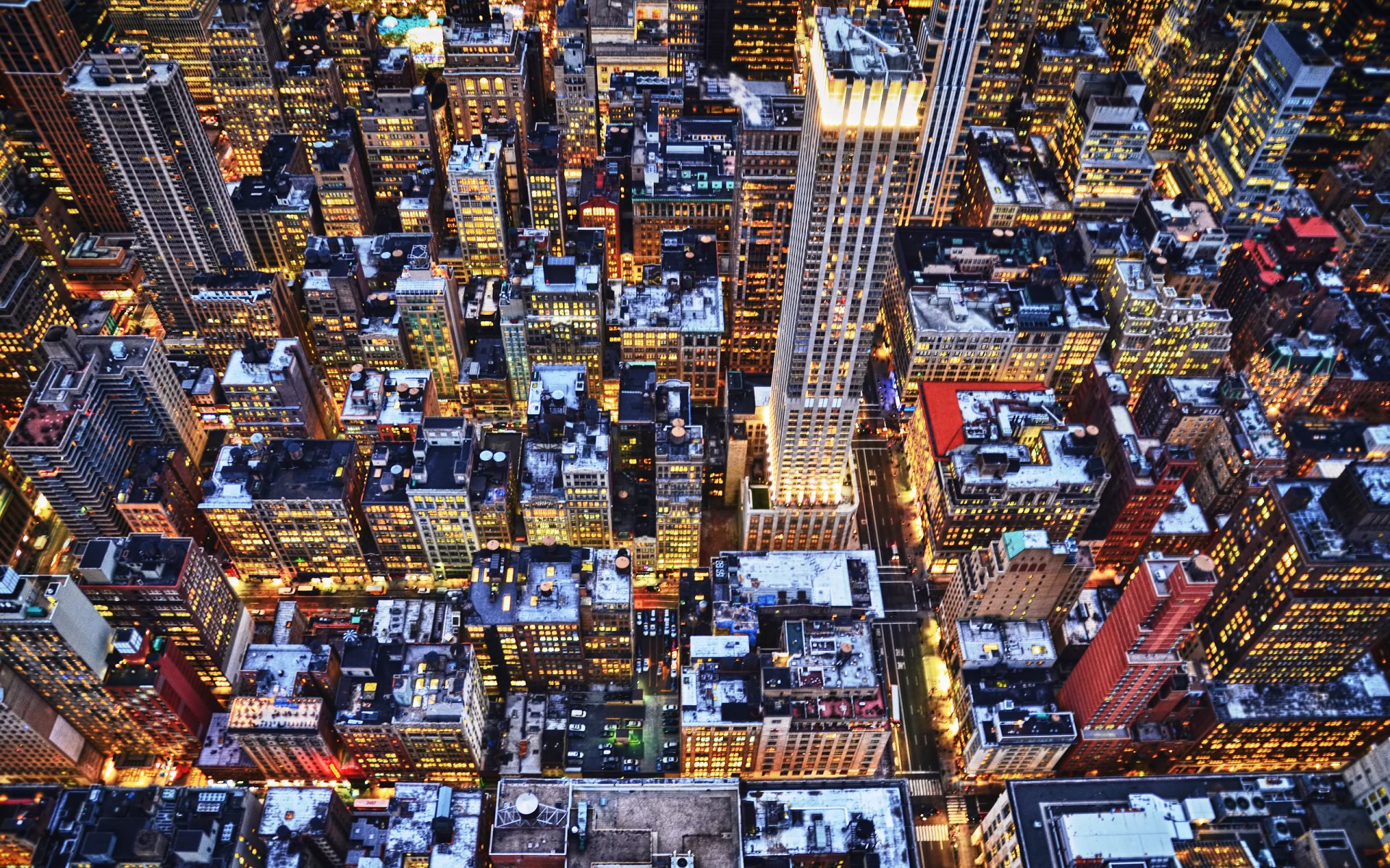 new york city wolkenkratzer gebäude dächer lichter abend winter