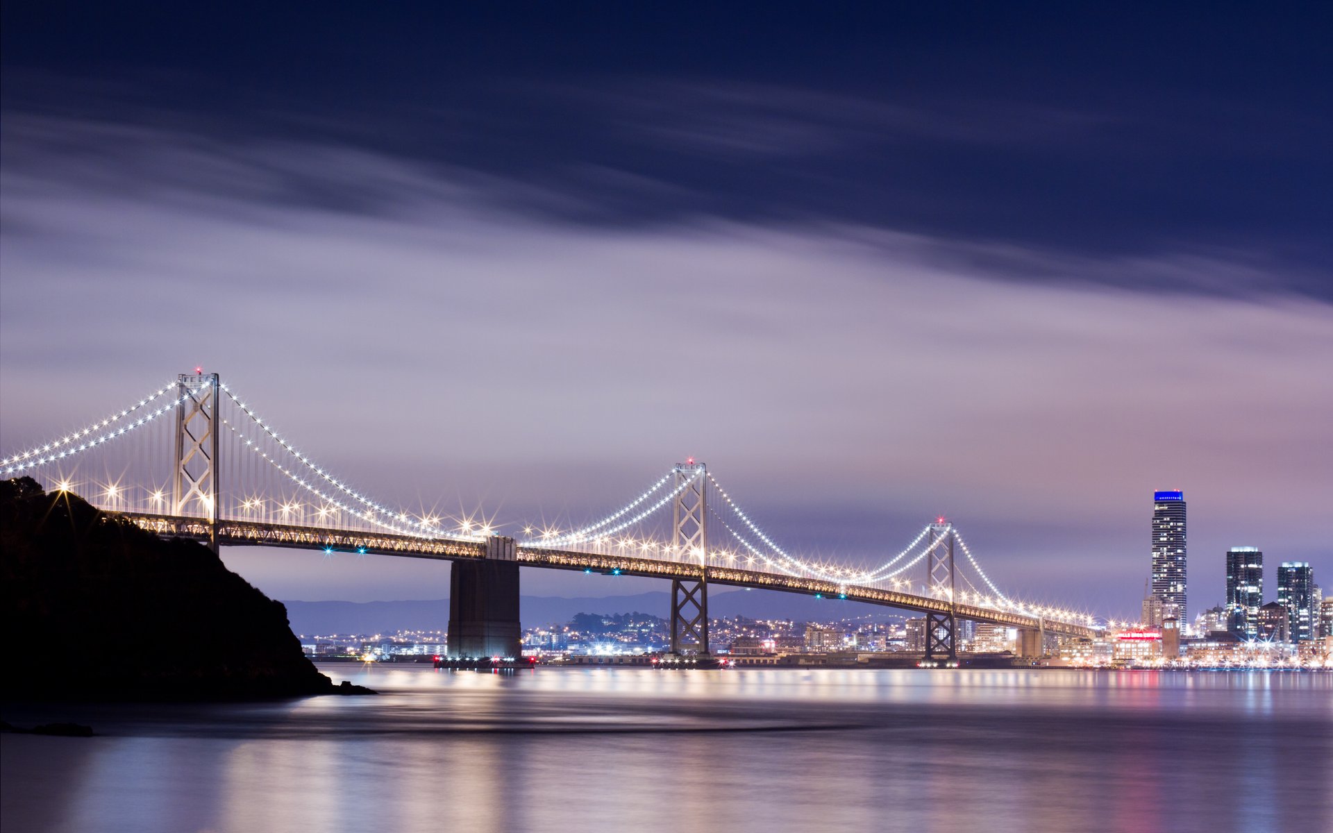 сан-франциско город мост река огни вода отражение небо облака здания дома bay bridge фонари 2560x1600