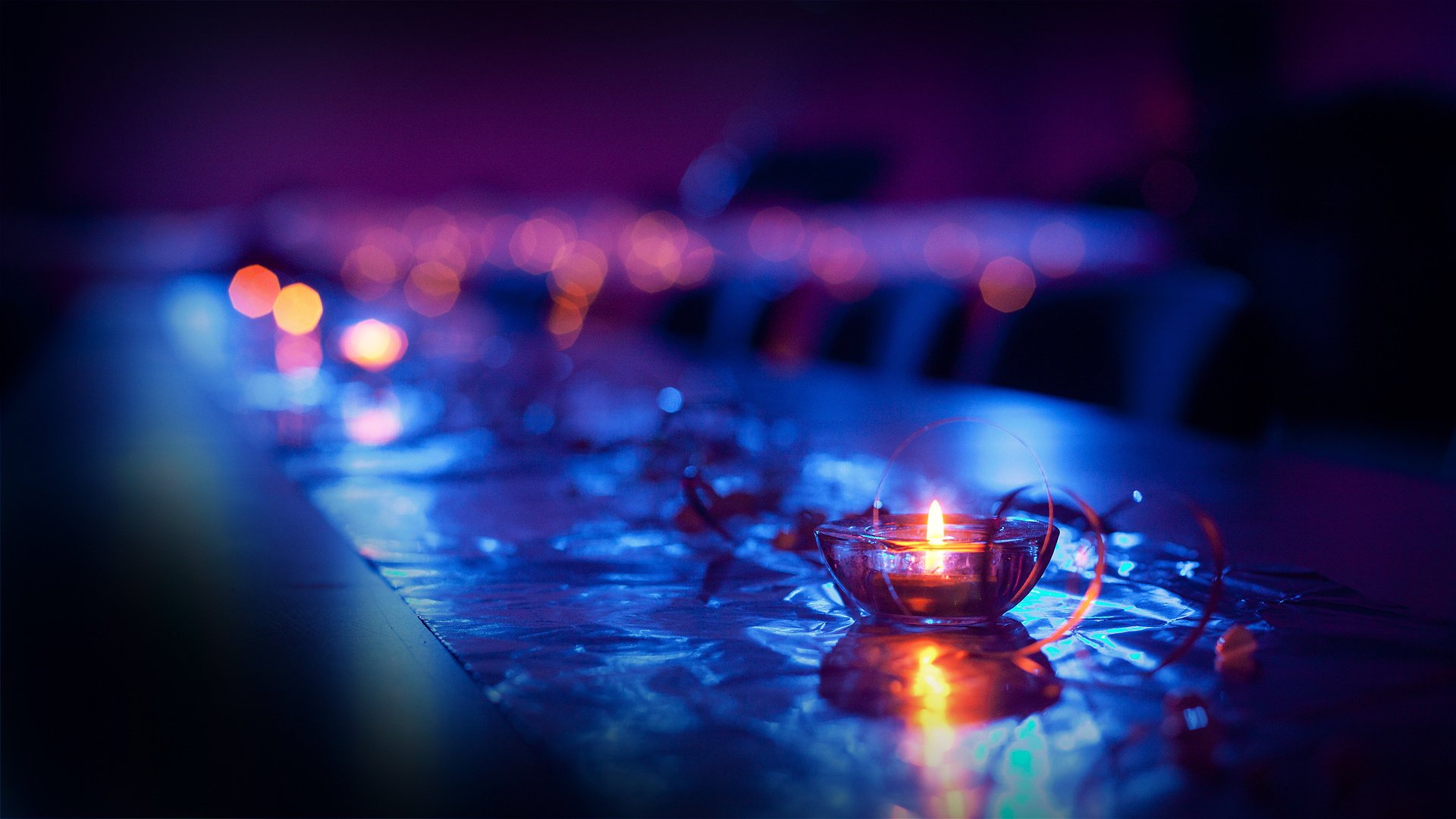 blue macro lights candle bokeh