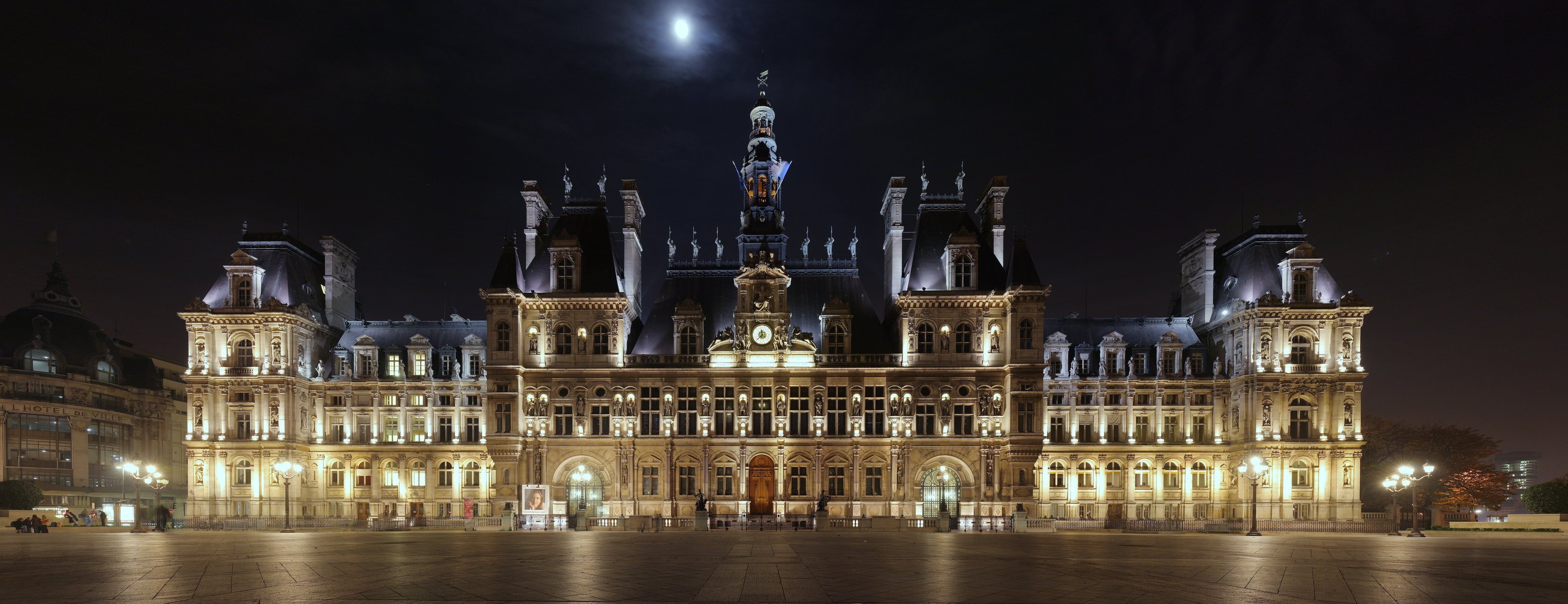 hôtel de ville parís francia hôtel de ville hotel plaza panorama noche luces iluminación luna linterna esculturas reloj