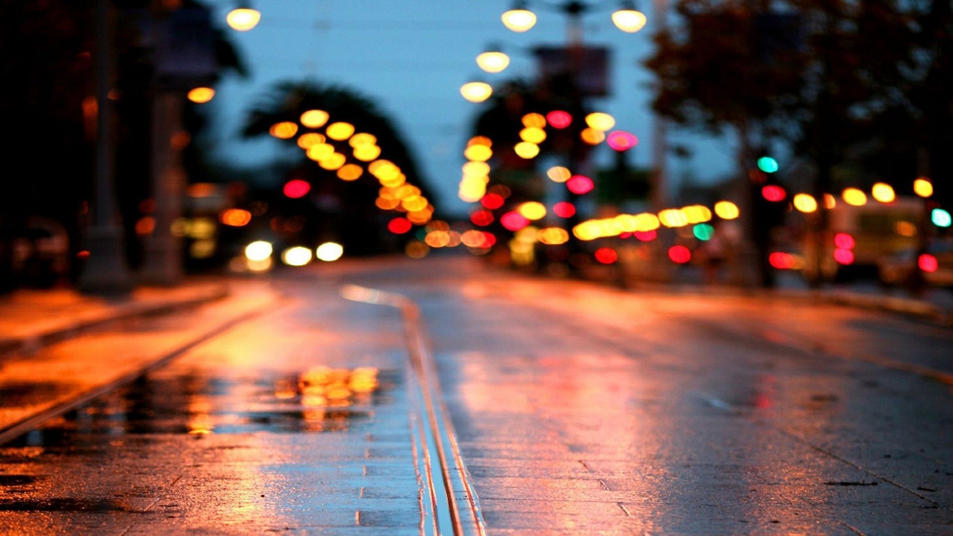 close up town road a pool wet rain lights reflections street lamps wallpaper 1920x1080