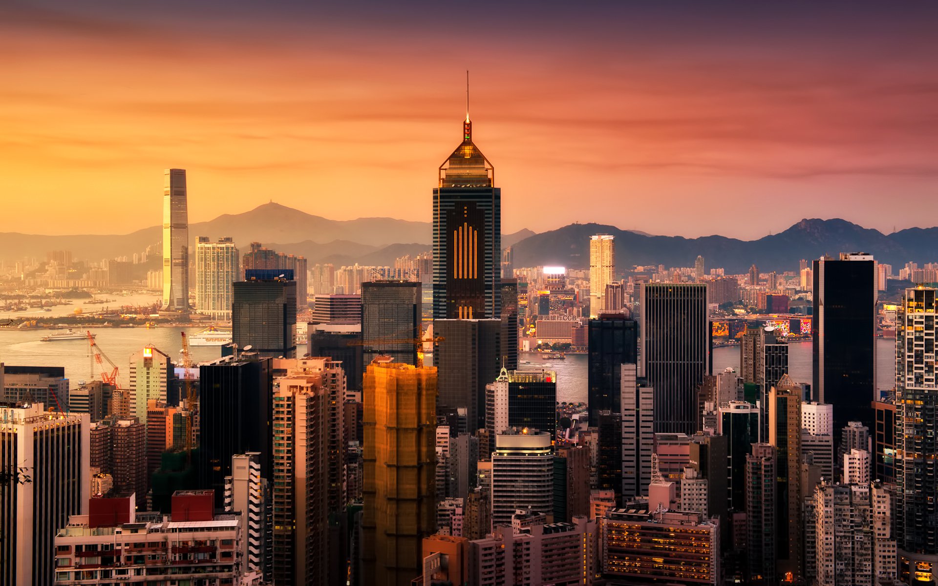 hongkong sonnenuntergang gebäude wolkenkratzer bucht