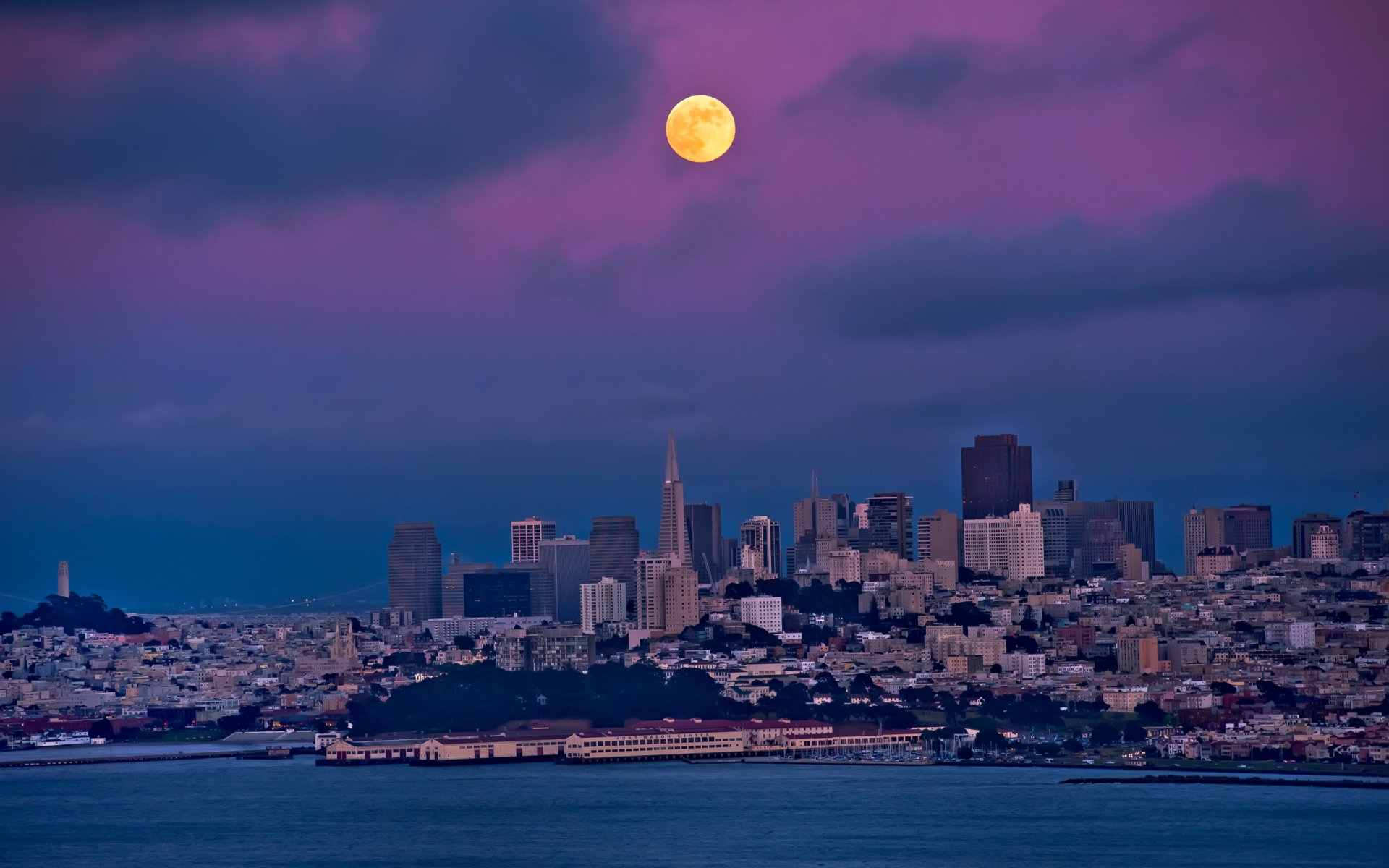 san francisco nuit lune ciel baie bâtiments maisons