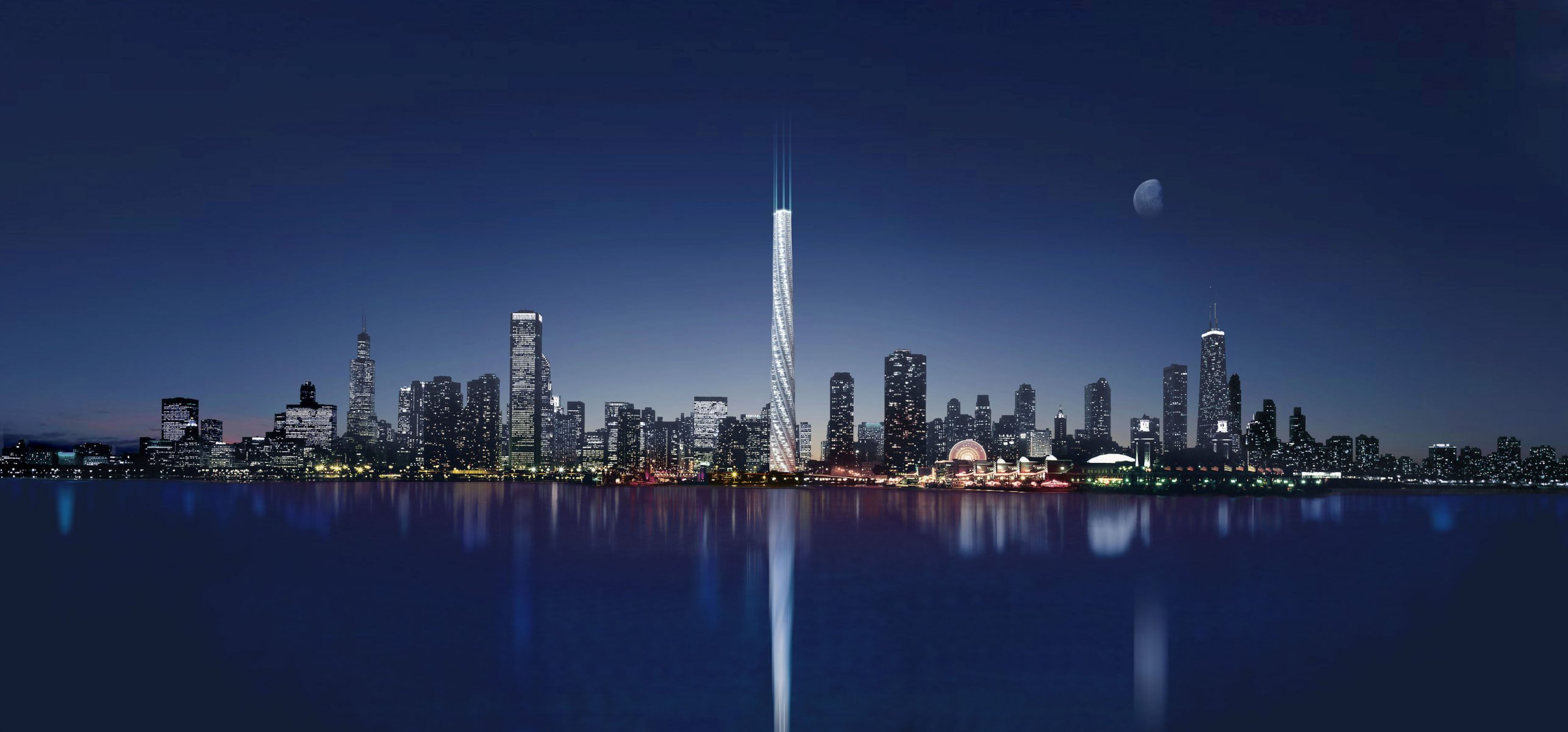 stati uniti chicago città notte luci lago riflessione