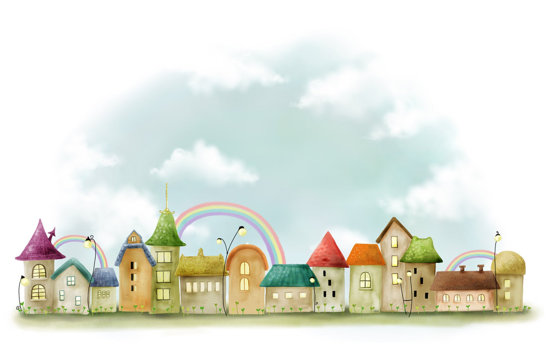 picture town buildings house lamps rainbow