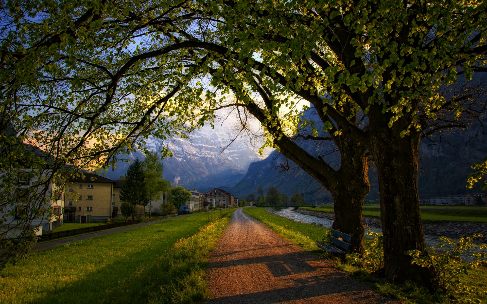 suiza tarde primavera árboles camino banco banco casas montañas alpes ciudad