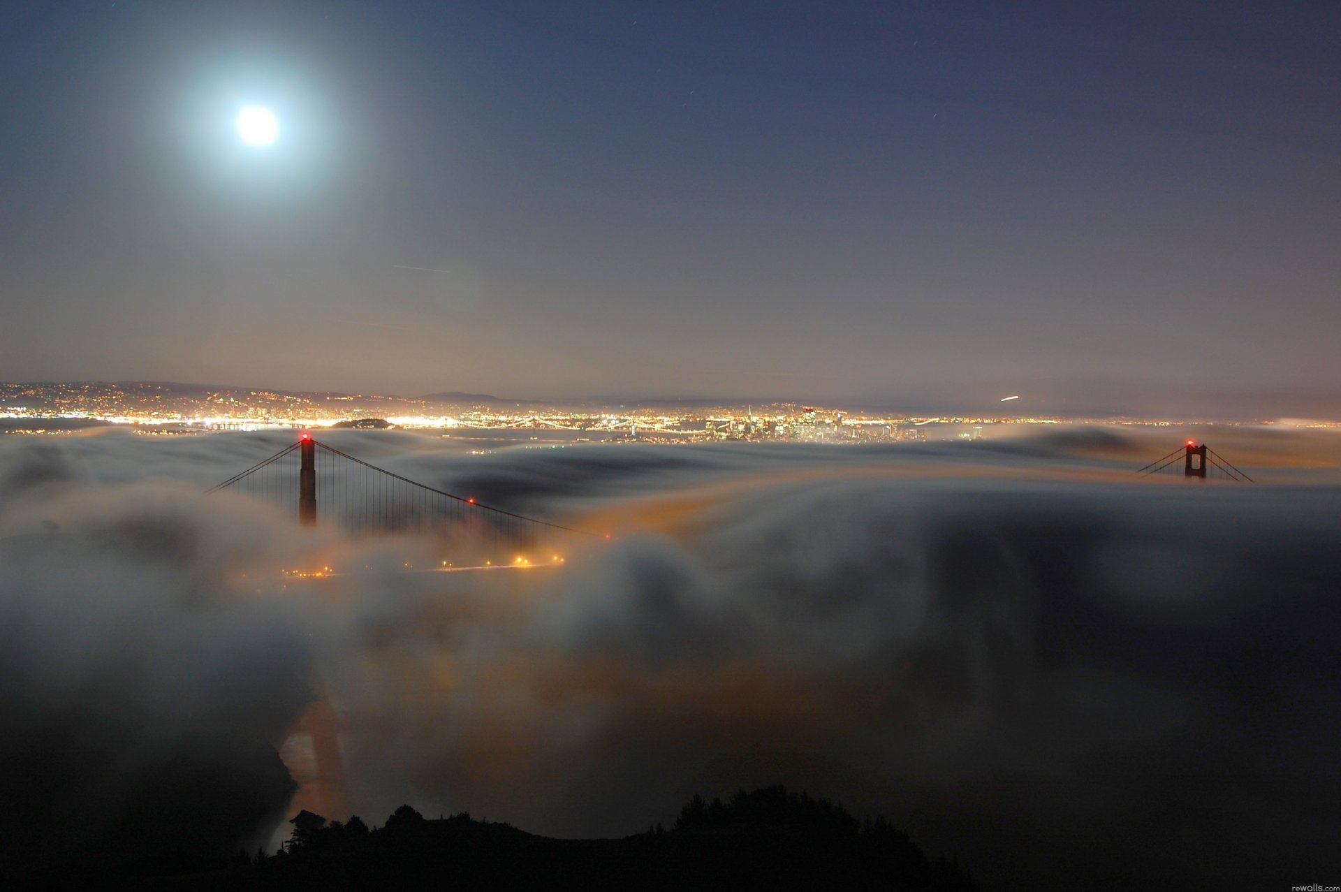 stadt nebel dunst nacht abend mond brücke lichter amerika kalifornien san francisco golden gate usa meerenge