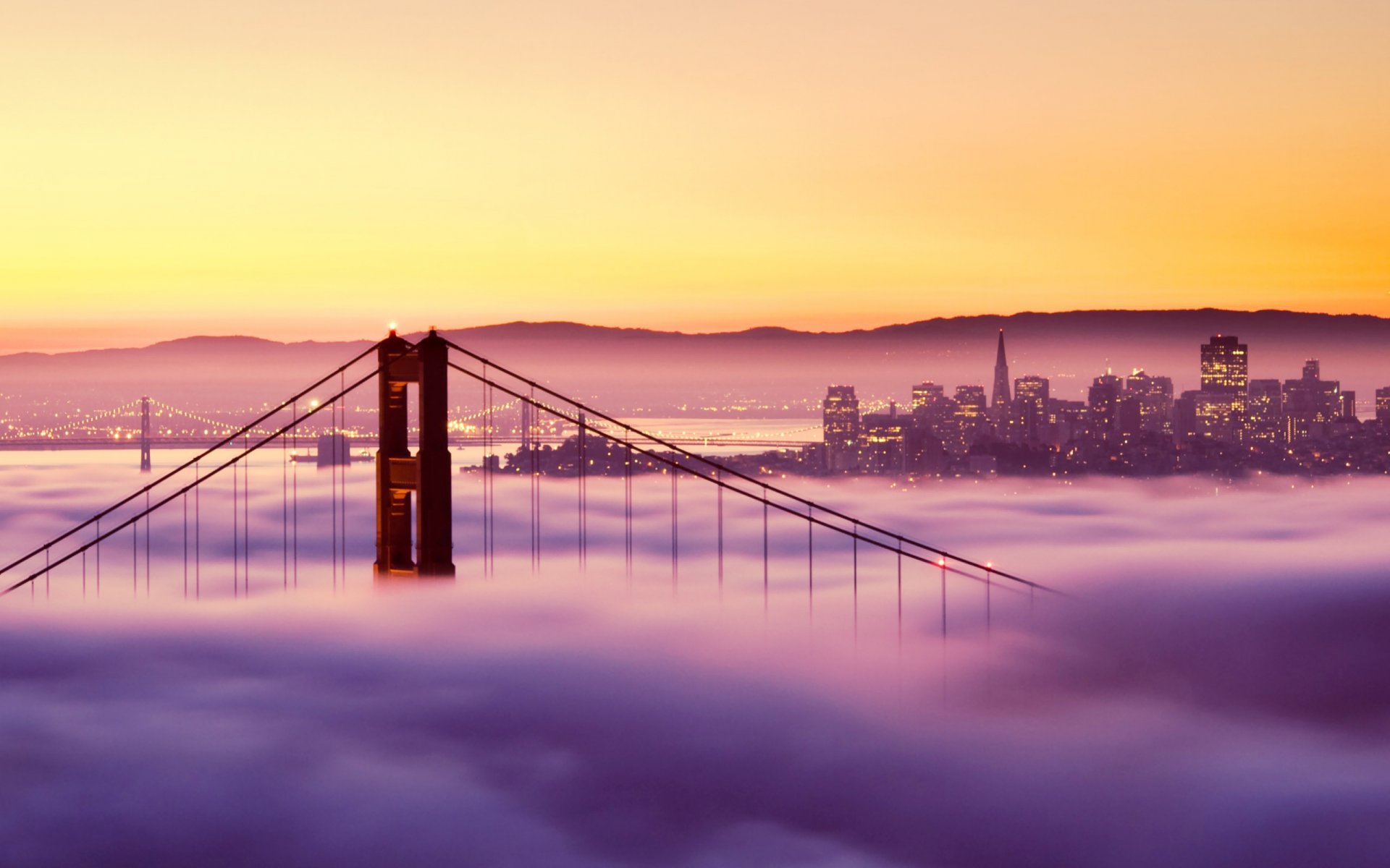 san francisco golden gate bridge sonnenuntergang brücke san francisco nebel lichter