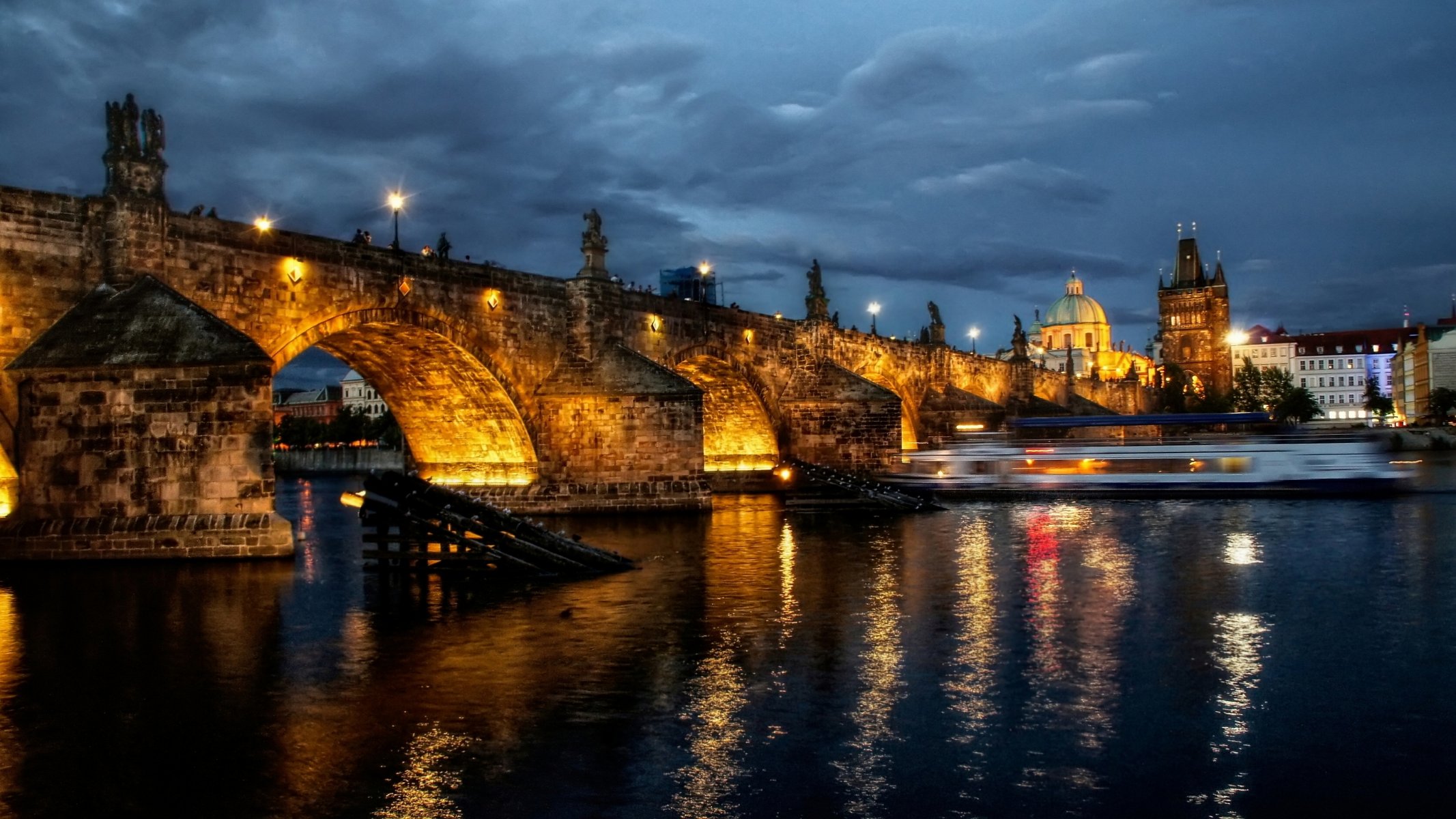 town prague river night lights bridge