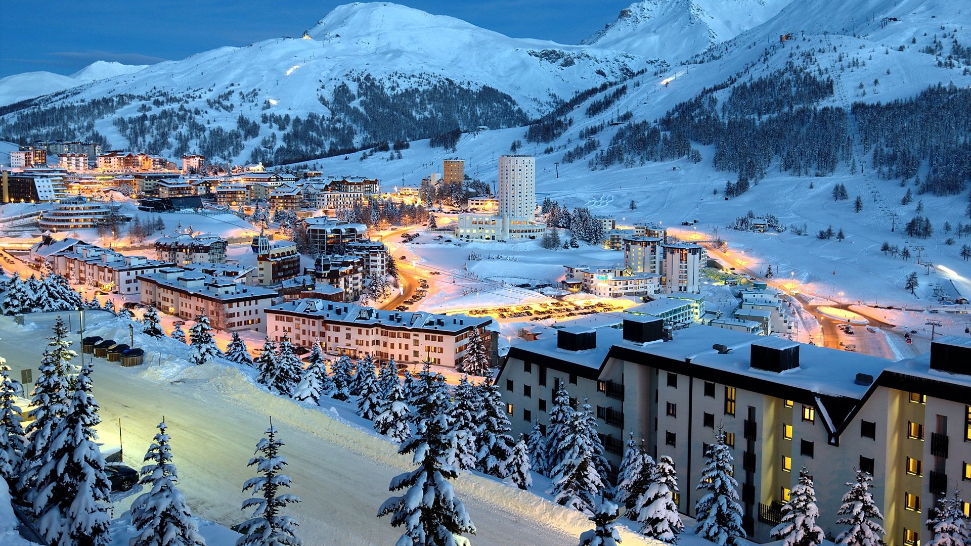 town winter snow night mountain