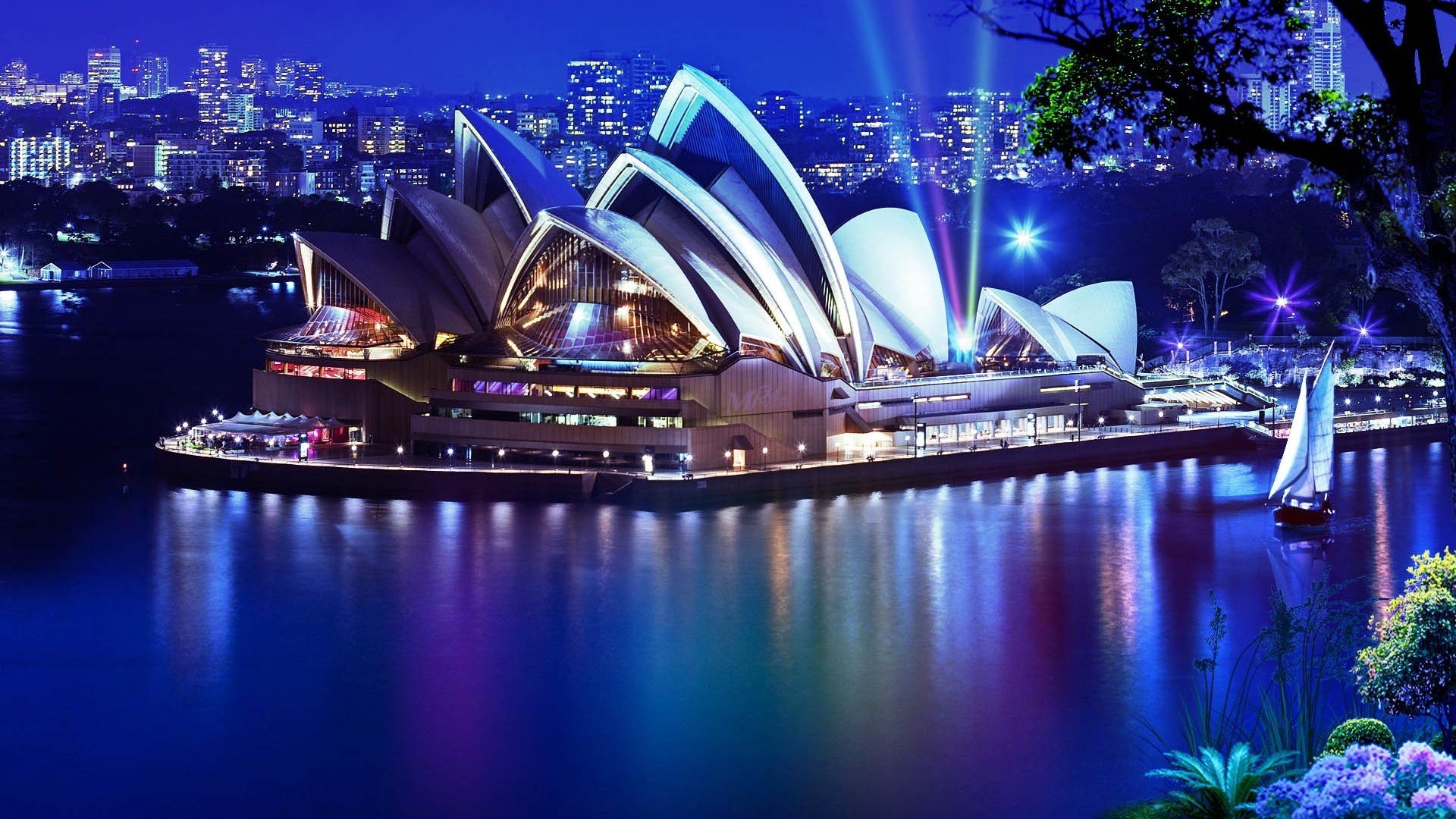 bâtiment de l opéra de sydney sydney théâtre nuit eau yacht arbre plantes ville