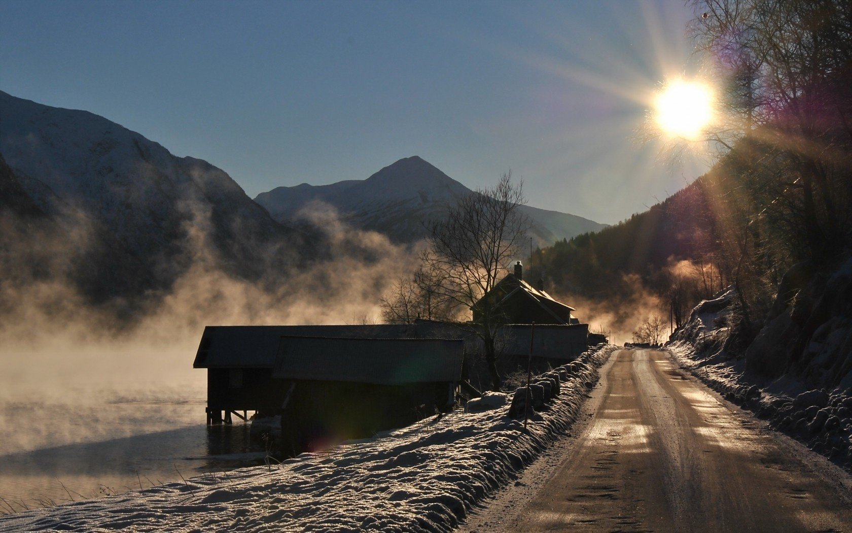 lac route montagnes matin paysage