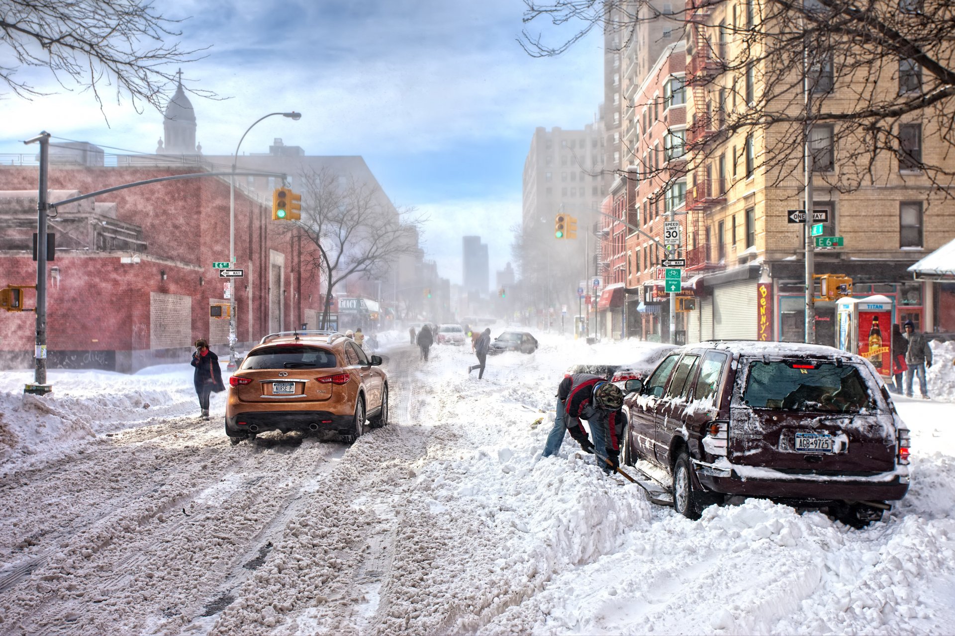 bad weather snow winter new york snowdrifts infiniti infiniti storm street traffic light untidy streets digs up a car shops wallpaper usa america