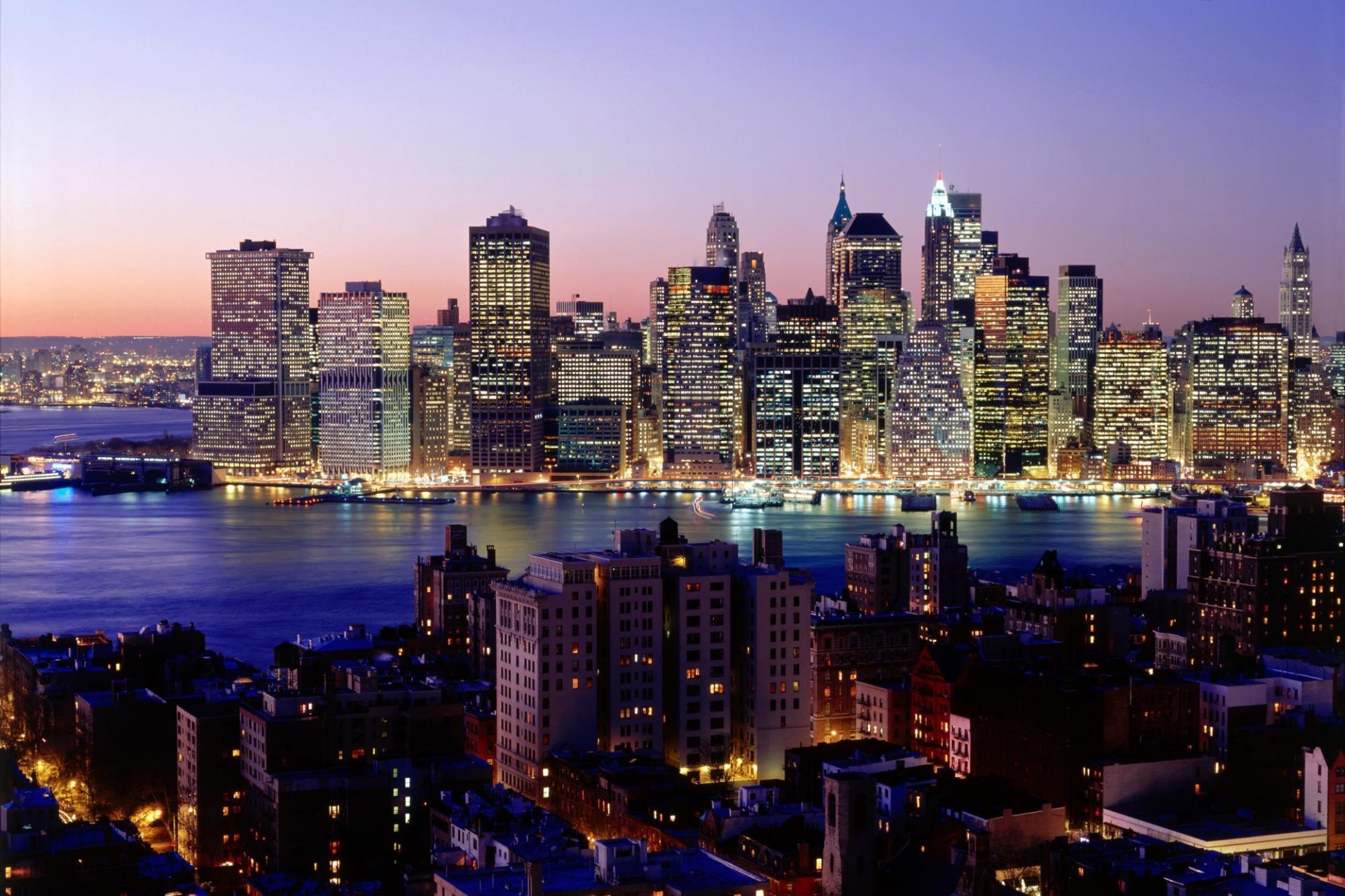 nueva york rascacielos río noche luces ciudad fondo de pantalla