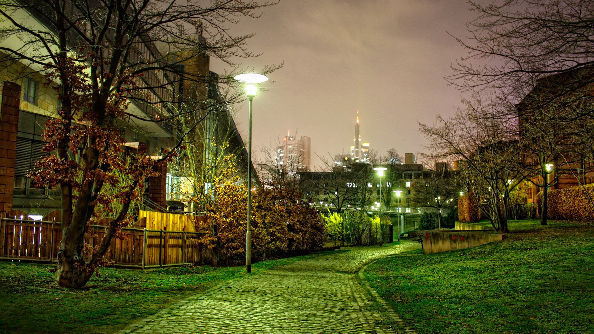 natur landschaft nachtstraße bäume gehweg fußweg laterne haus himmel wolken