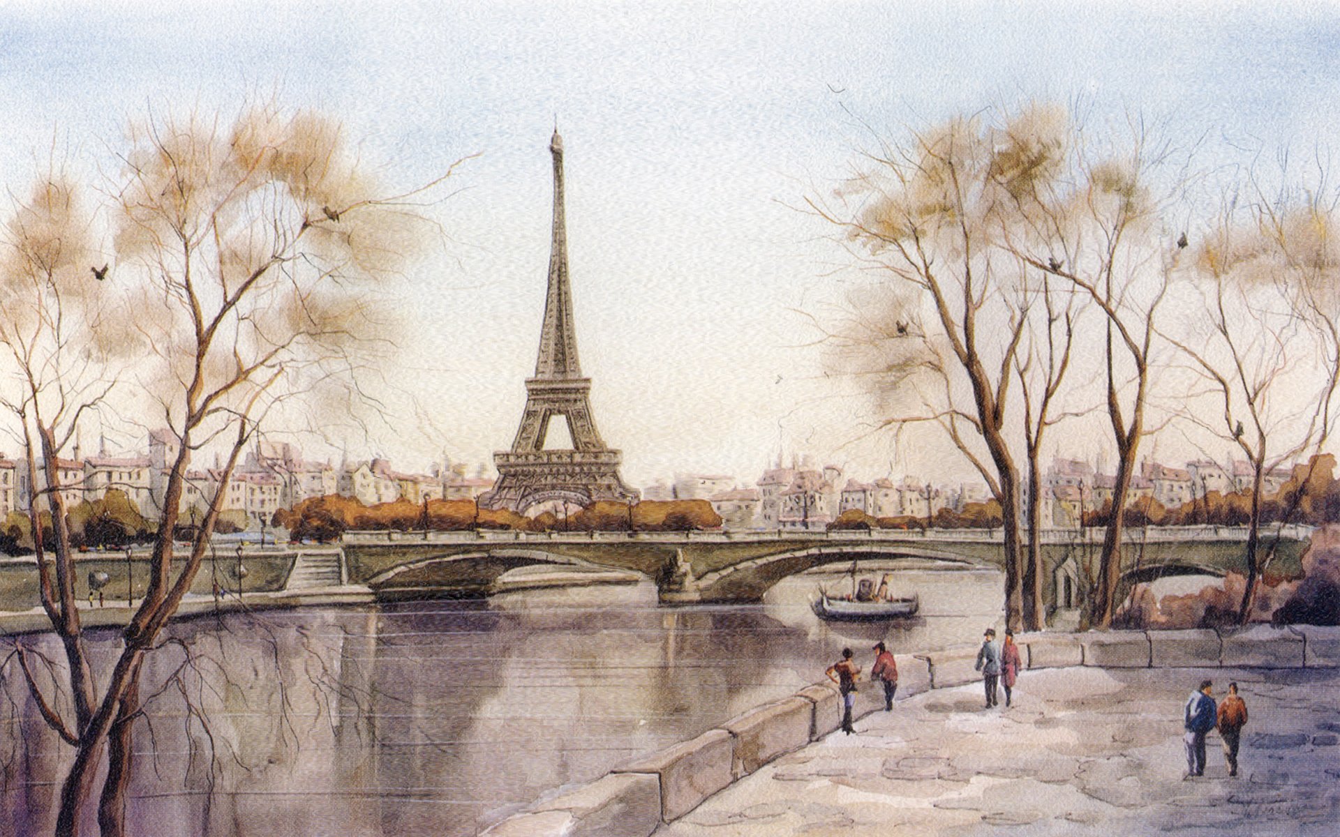 Париж Эйфелева башня вид 19 век акварель