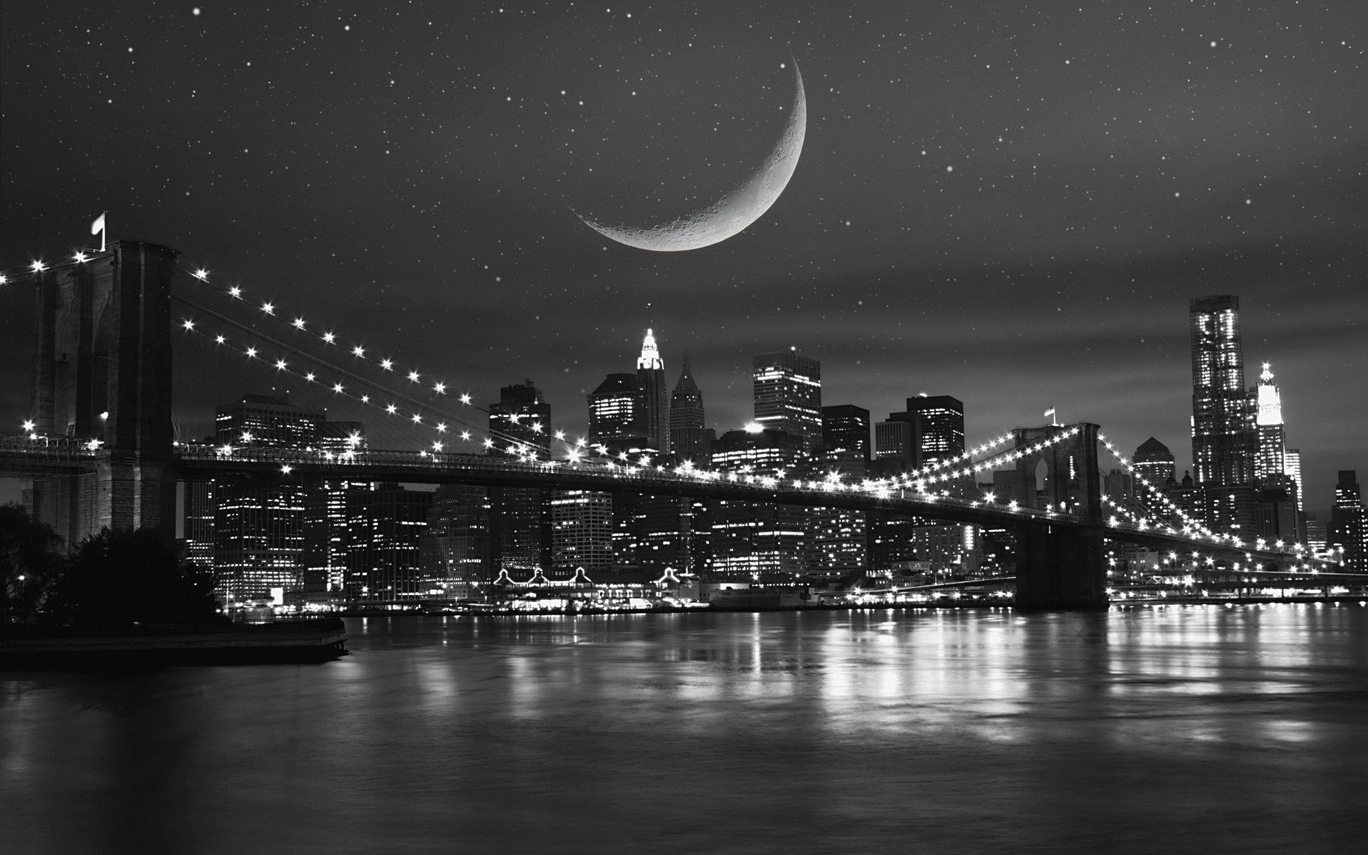 nueva york ciudad noche luna río puente luces casas edificios cielo estrellas reflexión b / w linternas b&w 1920x1200