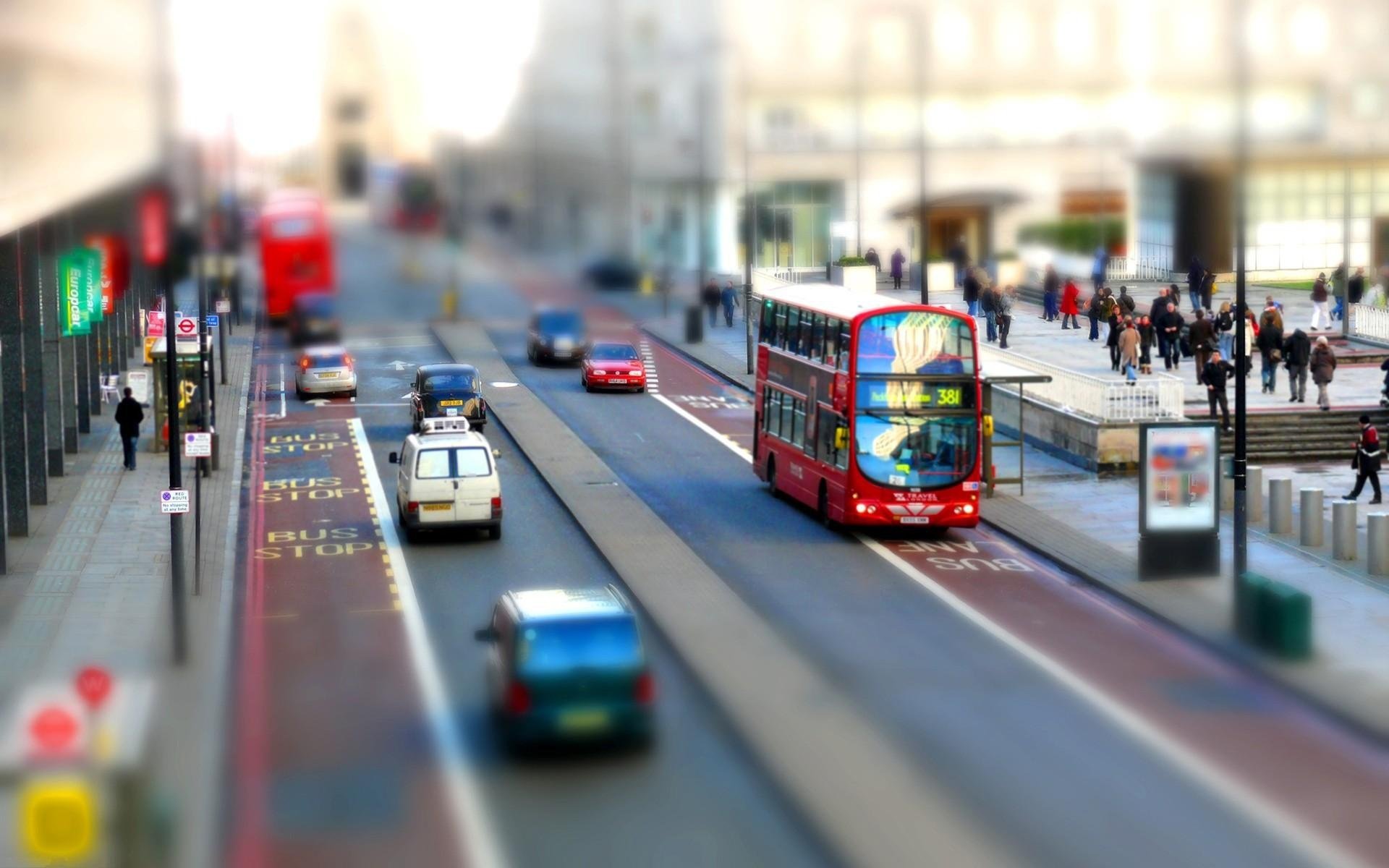 london england street bus double-decker tilt shift town