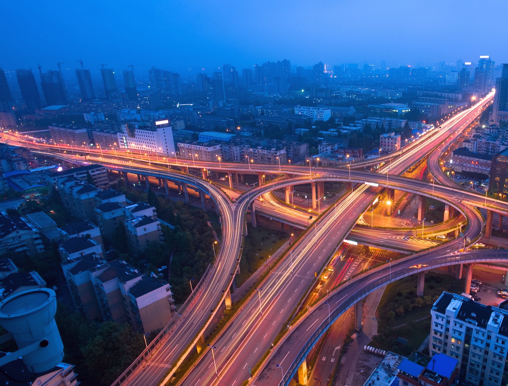 night city blue fog traffic lights night metropolis lights traffic overpass road