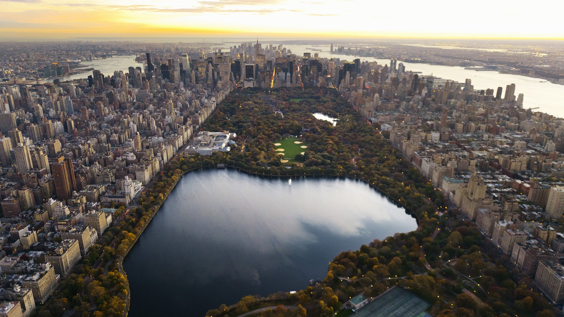 nueva york central park panorama noche lago rascacielos ciudad manhattan fondo de pantalla