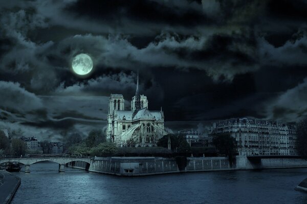 Catedral de Notre Dame de París a la luz de la Luna llena