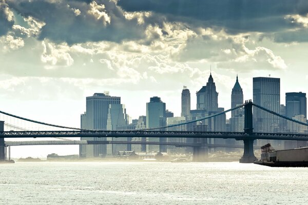 Bridge over the river on the background of city buildings