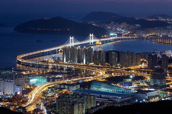 Città notturna con ponte, illuminata da luci